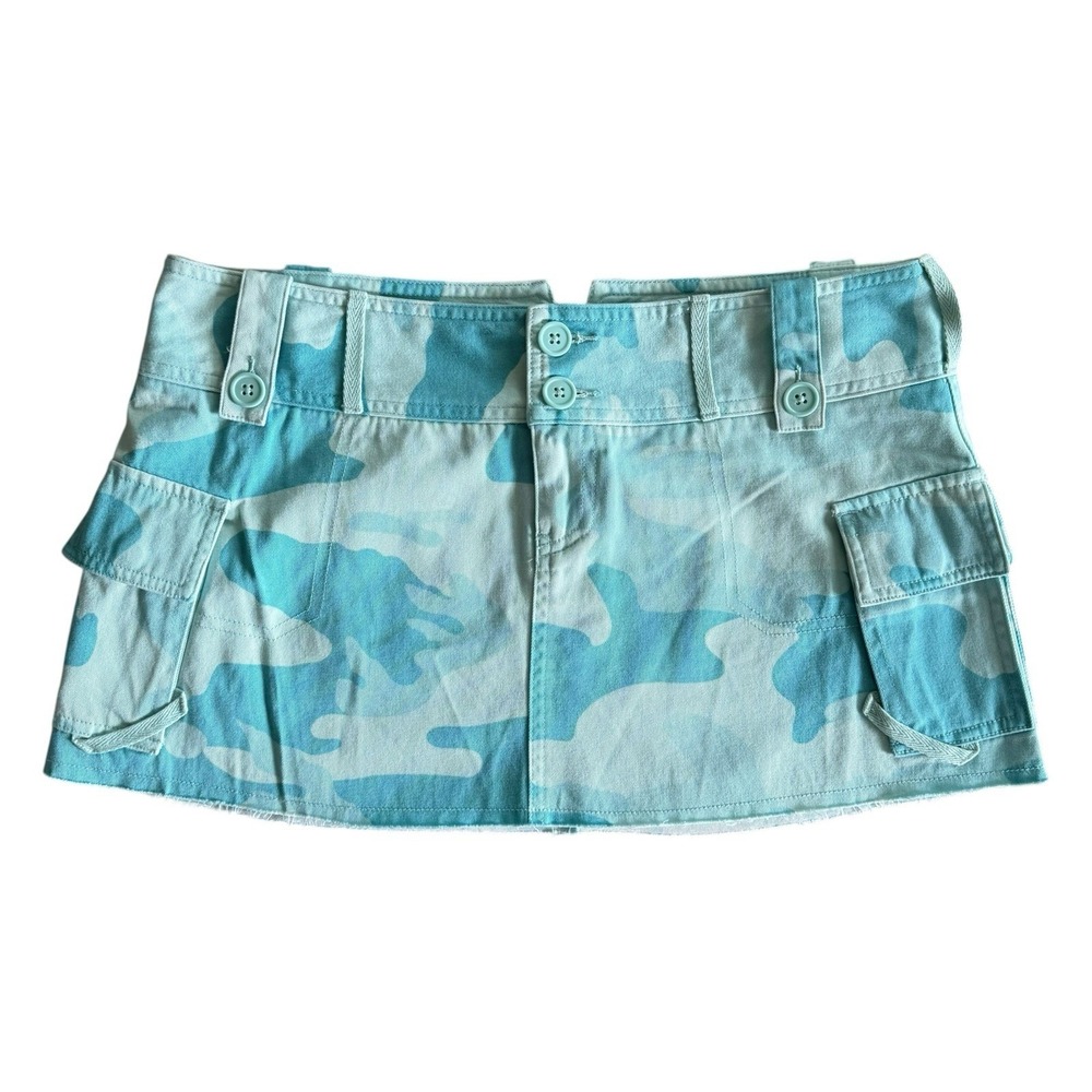 Vintage Y2K Camo Low rise Micro Mini Denim Skirt Cargo Pockets Size 10 Teal Blue